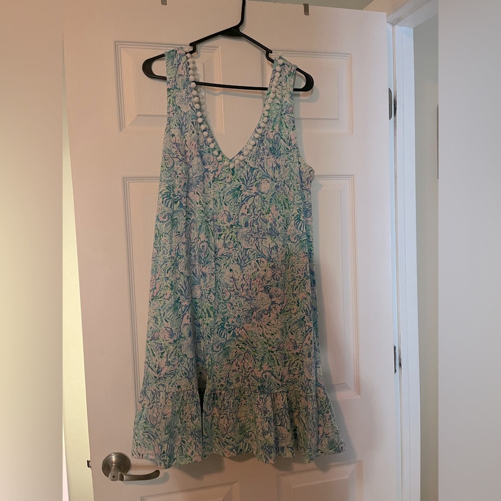 Lilly Pulitzer Camilla Swing Dress Cotton Print Ruffle Tiered Pom Pom